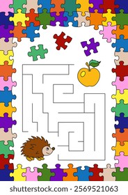 Maze page. Children's activities. Hedgehog and apple. Color vector illustration.