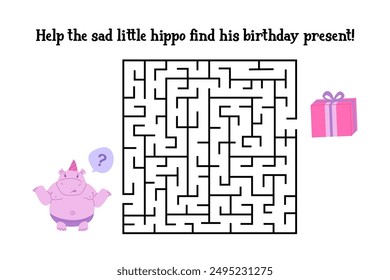 Maze page. Help the sad little hippo in a party hat to find his birthday present. kids puzzle book illustration. Stock vector illustration.