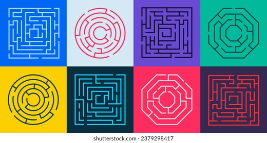 Maze path. Round labyrinth riddle with wrong way and right way, labyrinth puzzle with gate and deadlock, maze game concept. Vector illustration of riddle way challenge