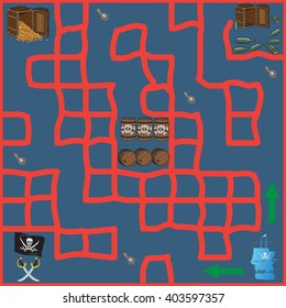 Maze  in pirate style for children. Symbols of piracy - pirate hat, swords,  treasure chest, ship, black flag,  skull and crossbones, helm, rum barrel, gold coins, compass.  Vector illustration.