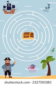 Maze with pirate and treasures concept. Man with wooden leg, eye patch and sword in his hand on way to treasure. puzzle for development of logical thinking in kids. Cartoon flat vector illustration