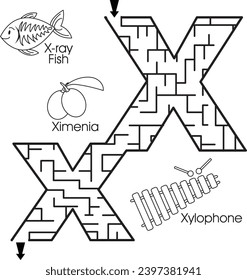 Maze puzzle : ABC for kids (letter X)