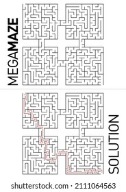 Puzzle-Herausforderung Maze: Finden Sie den richtigen Weg vom Start bis zum Ziel. Lösung im Design enthalten.