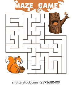 Maze puzzle with cheerful orange squirrel holding an acorn, a tree trunk with a hollow