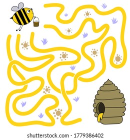 Maze, puzzle for children and adults. The task of developing memory and attention. Page for children's books. Vector illustration, help the bee find a hive