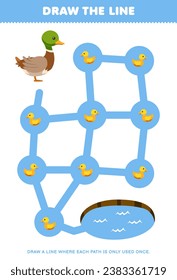 Maze puzzle for children with cute cartoon duck and duckling printable farm worksheet