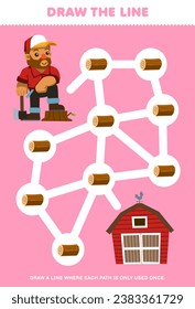 Maze puzzle for children with cute cartoon carpenter collect wood printable farm worksheet