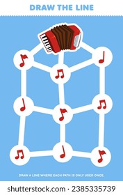 Maze puzzle for children with cute cartoon accordion printable music instrument worksheet