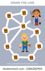 Maze puzzle for children with cute cartoon carpenter and farmer printable profession worksheet