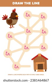 Maze puzzle for children help cute cartoon chicken collect worm printable animal worksheet
