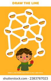 Maze puzzle for children help cute boy collect the hotdog printable food worksheet