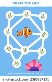 Maze Puzzle für Kinder helfen süßen Clownfischen, alle druckbaren Seetang-Naturblatt zu sammeln