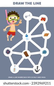 Maze puzzle for children help diver collect all junk printable underwater worksheet