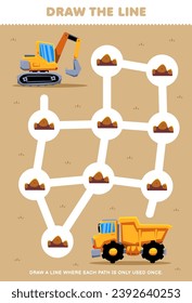 Maze puzzle for children help excavator move to the dump truck printable transportation worksheet