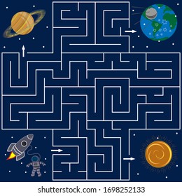 Rompecabezas de labios para niños sobre el tema del espacio con la imagen de los cuerpos espaciales, es necesario encontrar el camino al cosmonauta del planeta Tierra, azul de fondo, ilustración vectorial