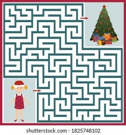 maze puzzle for children's development where a girl needs to find the way to the Christmas tree and gifts, color vector illustration in flat style, education