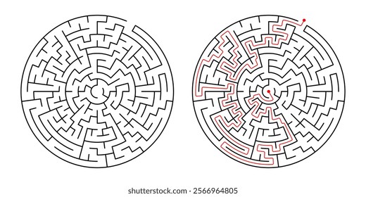 Maze puzzle in circular shape with red solution path. Start and finish maze challenge. Isolated labyrinth graphic.