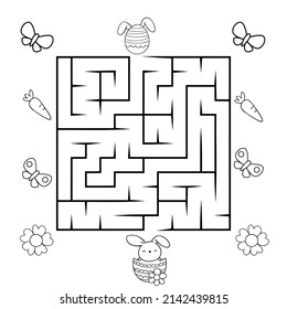 Maze Puzzle coloring page for kids and adults. Easter Themed Mazes black and white line art. Easter activity pages