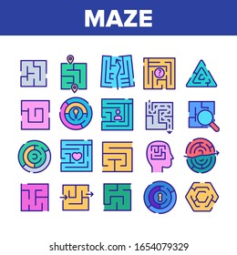 Maze Puzzle Different Collection Icons Set Vector. Maze Labyrinth Research And In Human Head, Direction And Locked, Keyhole And Heart Shape Concept Linear Pictograms. Color Illustrations