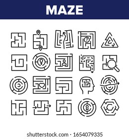 Plegar Diferentes Iconos De Colección Maze Puzzle Vector. Investigación Del Laberinto De Maze Y En Cabeza Humana, Dirección Y Bloqueo, Llave Y Forma Cardíaca Concepto Pictogramas Lineales. Ilustraciones de contorno monocromo