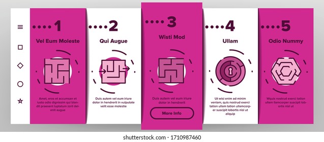 Maze Puzzle Different Onboarding Icons Set Vector. Maze Labyrinth Research And In Human Head, Direction And Locked, Keyhole And Heart Shape Illustrations