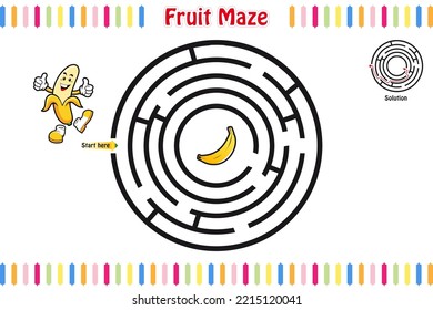 Maze puzzle, Educational maze for children with Fruits, Labyrinth for kids, isolated vector illustration, Mascot cartoon style, Fruits caracter