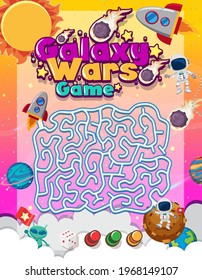 Maze puzzle game activity for children in galaxy theme illustration
