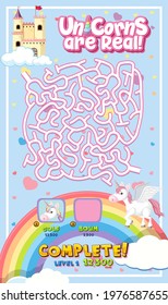 Maze puzzle game activity for children in unicorn theme illustration