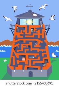 Maze puzzle game, activity for children. Vector illustration in cartoon stile. Find paths for the lighthouse keeper to climb up to the lantern.