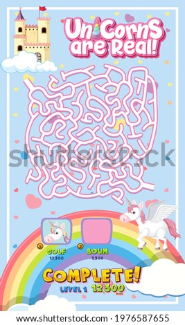 Maze puzzle game activity for children in unicorn theme illustration