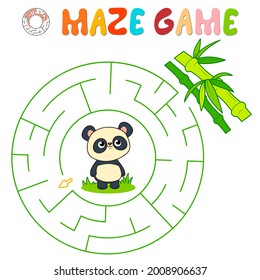 Maze puzzle game for children. Circle maze or labyrinth game with panda. Vector illustrations