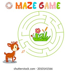 Maze puzzle game for children. Circle maze or labyrinth game with deer. Vector illustrations
