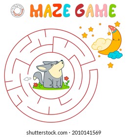 Maze puzzle game for children. Circle maze or labyrinth game with wolf. Vector illustrations