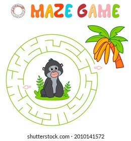 Maze puzzle game for children. Circle maze or labyrinth game with gorilla. Monkey and bananas vector illustrations