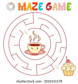 Maze puzzle game for children. Circle maze or labyrinth game with cake and tea. Vector illustrations