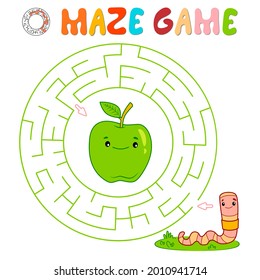 Juego de rompecabezas de mazorca para niños. Círculo de laberinto o juego laberíntico con gusano. Ilustraciones vectoriales