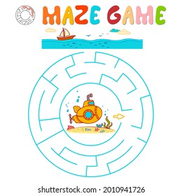 Maze Puzzle Spiel für Kinder. Circle Maze oder Labyrinth Spiel mit U-Boot. Vektorgrafiken