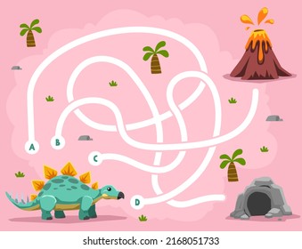 Maze Puzzle Game For Children With Cute Cartoon Prehistoric Dinosaur Stegosaurus Volcano And Cave