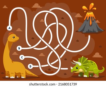 Maze Puzzle Game For Children With Cute Cartoon Prehistoric Dinosaur Brontosaurus Triceratops And Volcano