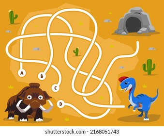 Maze puzzle game for children with cute cartoon prehistoric dinosaur oviraptor mammoth and cave