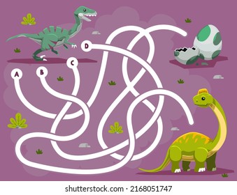 Maze puzzle game for children with cute cartoon prehistoric dinosaur velociraptor ultrasaurus and egg