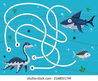 Maze puzzle game for children with cute cartoon prehistoric dinosaur plesiosaur megalodon and fish