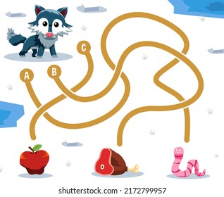 Maze puzzle game for children with cute cartoon animal wolf looking for the correct food apple beef worm or printable worksheet