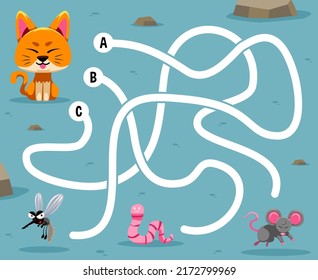 Maze puzzle game for children with cute cartoon animal cat looking for the correct food mosquito worm or mouse printable worksheet