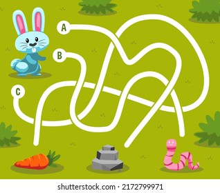 Maze puzzle game for children with cute cartoon animal rabbit looking for the correct food carrot stone or worm printable worksheet