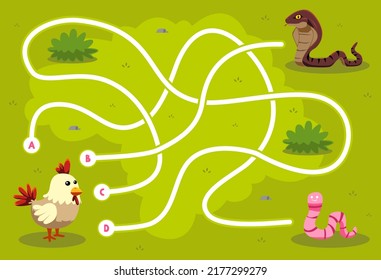 Maze puzzle game for children with cute cartoon animal chicken snake worm printable worksheet