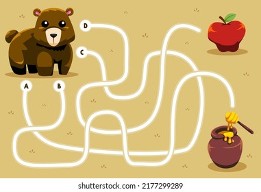 Maze puzzle game for children with cute cartoon animal bear looking for apple or honey printable worksheet