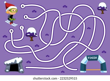 Maze puzzle game for children with cute cartoon boy playing ski den and finish line printable winter worksheet