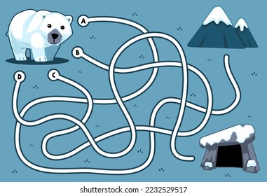 Maze puzzle game for children with cute cartoon polar bear mountain and den printable winter worksheet