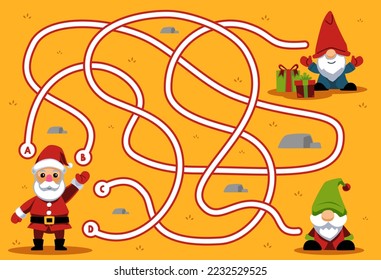 Maze puzzle game for children with cute cartoon santa and gnome printable winter worksheet